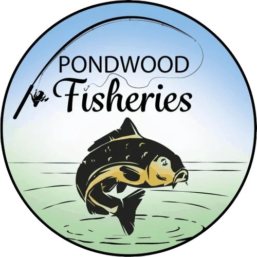 Pondwood Fisheries logo with a fishing rod and fish illustration, representing a fishing business in.